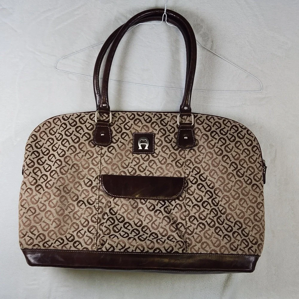 Vtg Etienne Aigner Monogram Tote‎ Travel Bag Brown Leather Trim Lg Logo Satchel